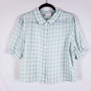Cottagecore Gingham 100% Linen Top Womens XL Puff Sleeve Pastel Farm Mint Green